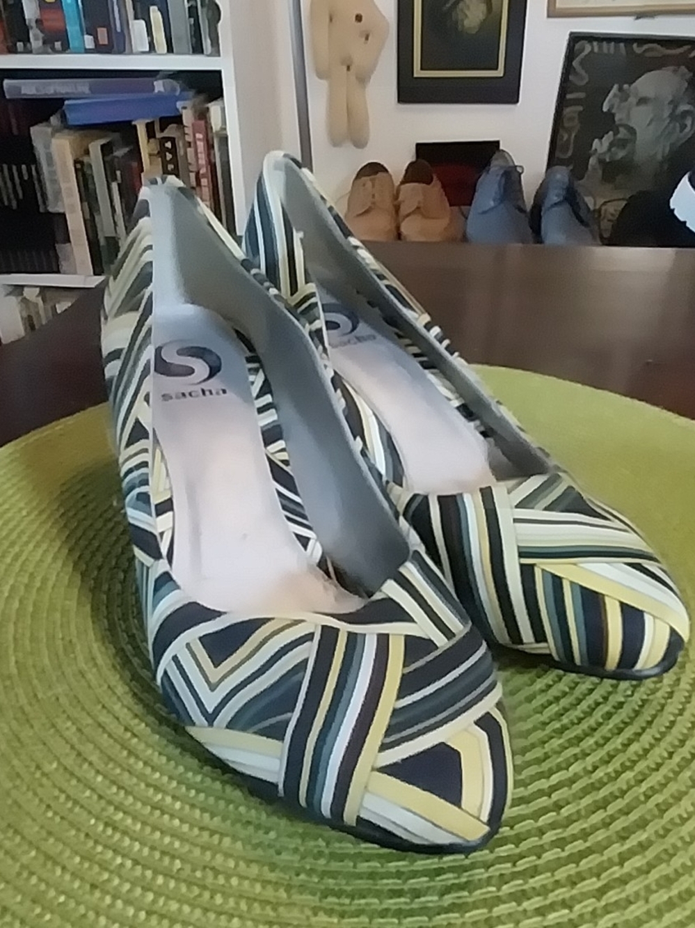 Sacha London Striped Pointed-Toe Heels in Green, Black and Cream